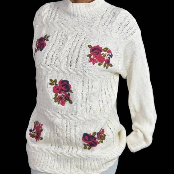 Vintage American Eagle Chunky Sweater White HandKnit Fisherman Floral Size Large - Picture 5 of 15